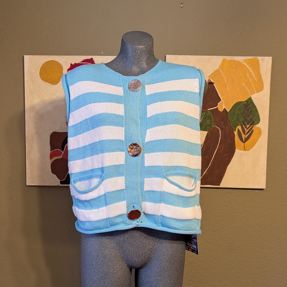 Women's Striped Knitted Vest, Sleeveless Button Sweater Teal & White Size M